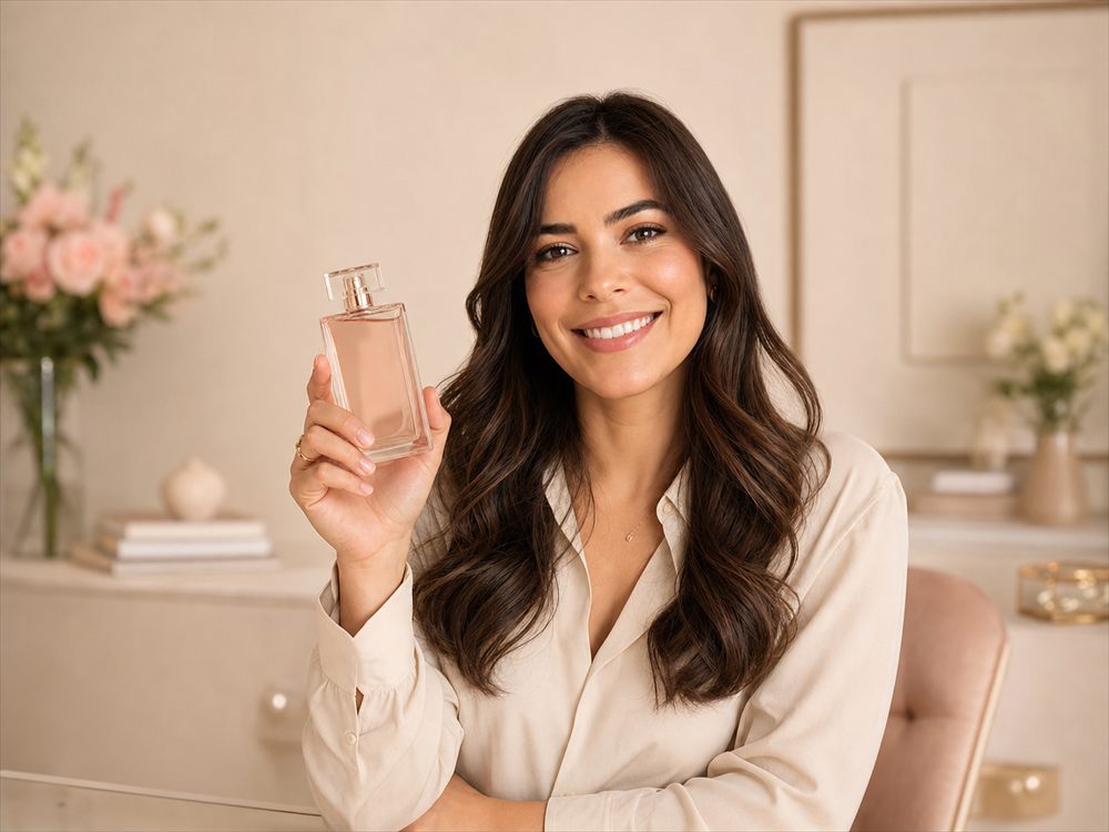 Influenciadora apresentando um produto