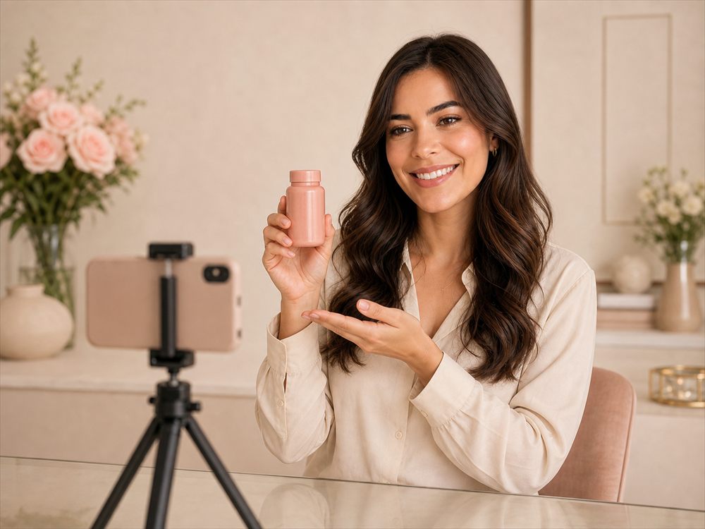 Influenciadora gravando um vídeo de produto